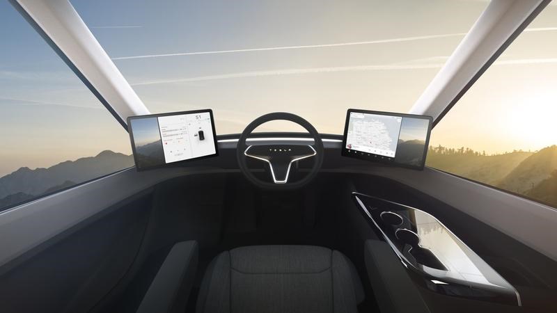 Kabína nákladného elektromobilu Tesla Semi so sedadlom vodiča v strede